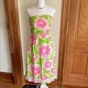 LILLY PULITZER Maui Punch Pink Green Strapless Dress 6 Vintage